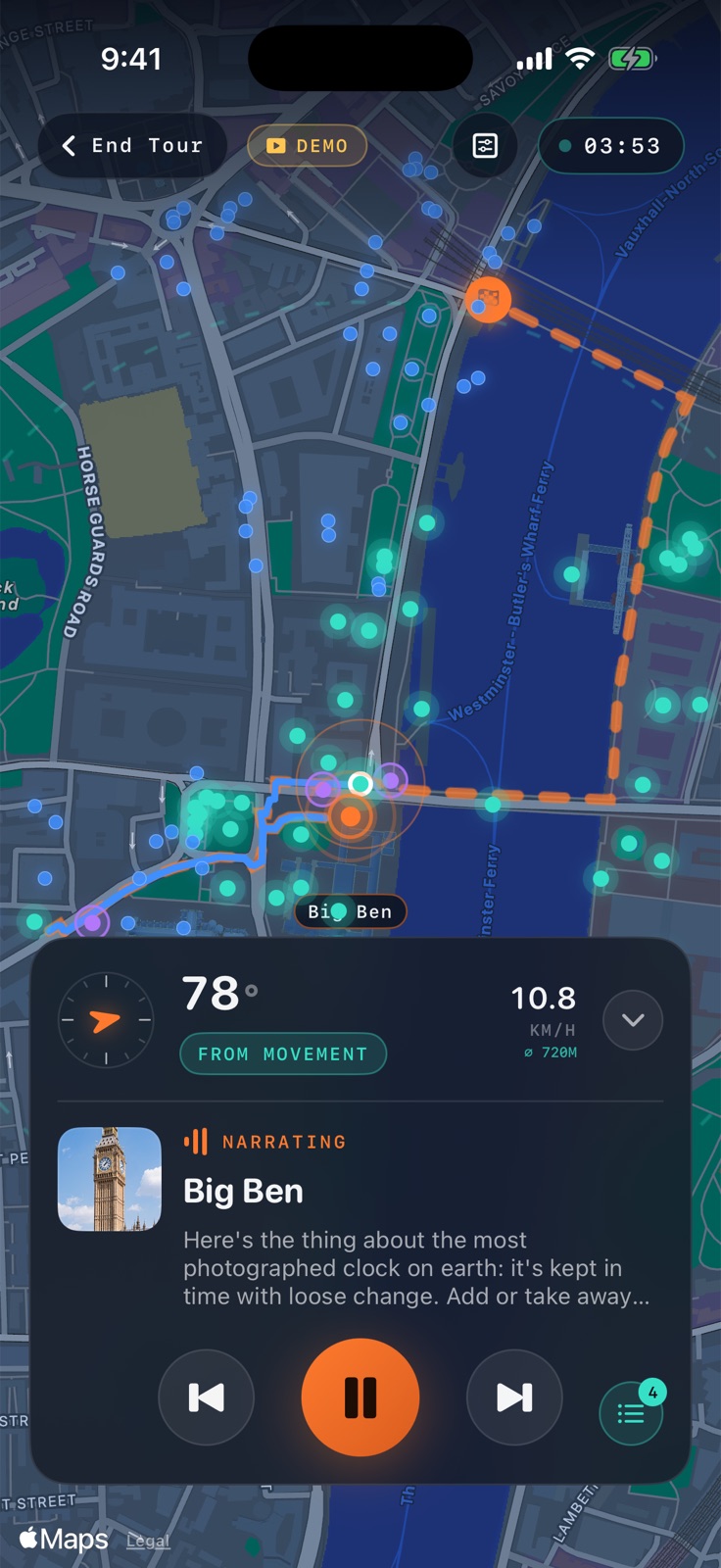 U-tour mid-run: a dark map of Westminster with glowing landmark pins, a heading readout of 78° from movement, and a narration card for Big Ben